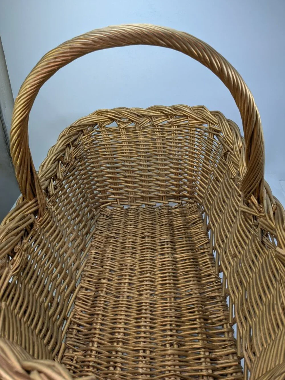 Vintage Extra Large Woven Wicker Basket Handle Scoop Gathering Trug Gold Brown